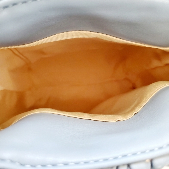 Women's Blue Pleaded Faux Leather Tote Handbag with Pearl Chain Strap - Picture 9 of 9